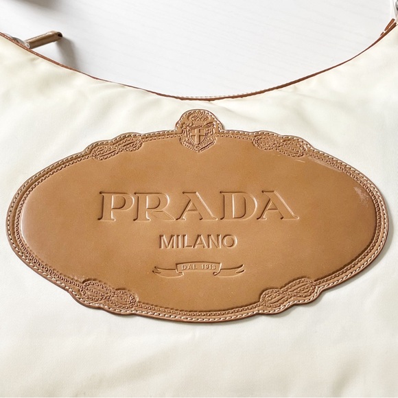 Prada white nylon camel brown leather embossed logo shoulder hobo bag - Picture 4 of 15